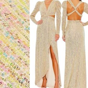 Mac Duggal Gold Sequin Long Sleeve Cutout Evening Gown